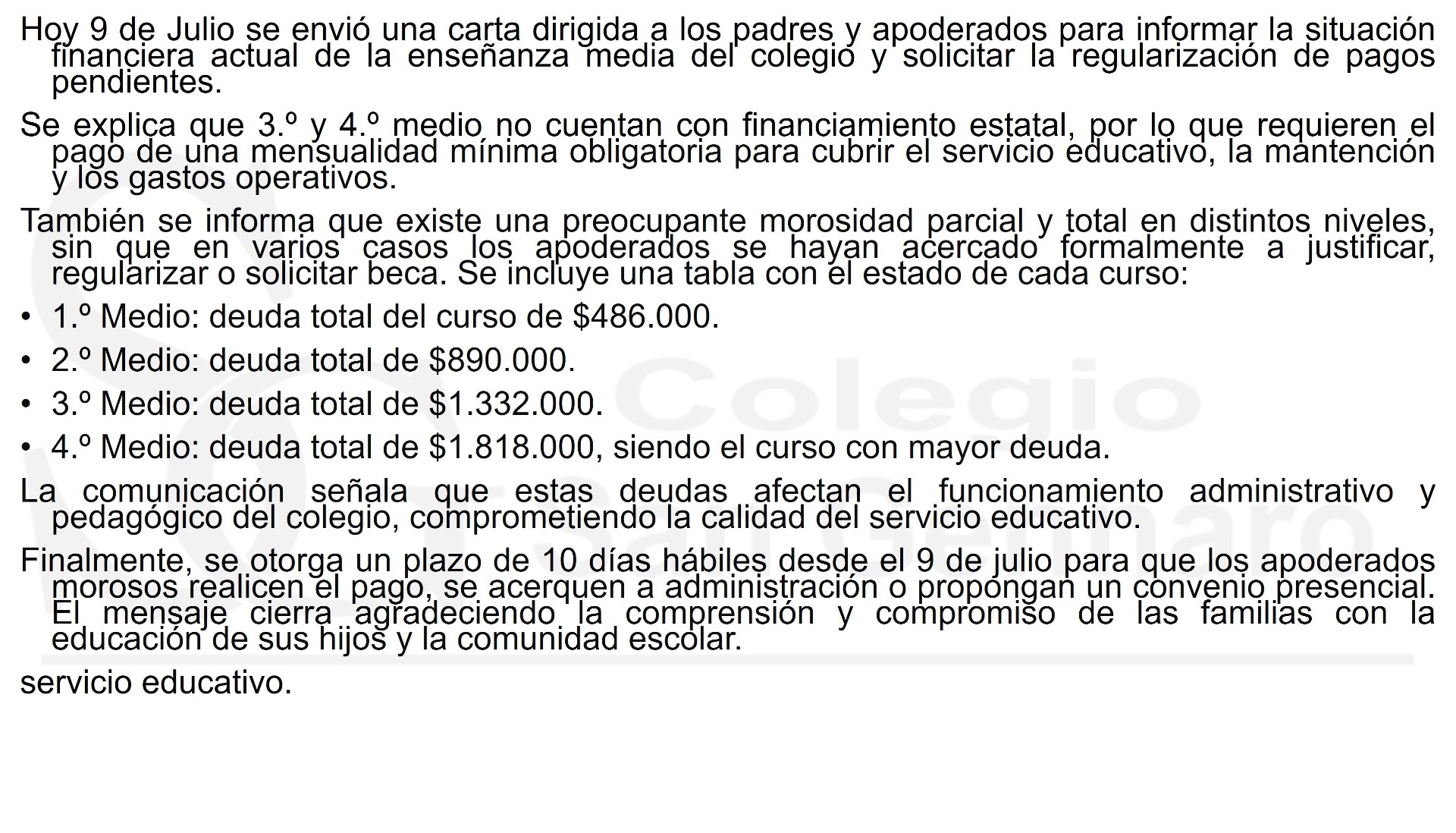 Carta a padres y apoderados de Enseñanza Media